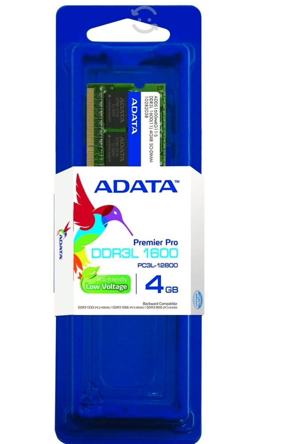 Memoria RAM ADATA PC3L 12800, 4 GB, DDR3L, 1600 MHz, 204-pin SO-DIMM, Portátil